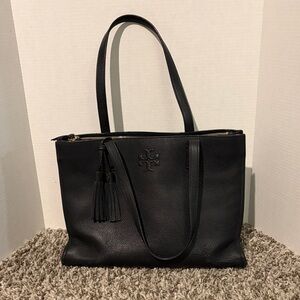Tory Burch Thea Black Pebble Leather Tote with Tassel